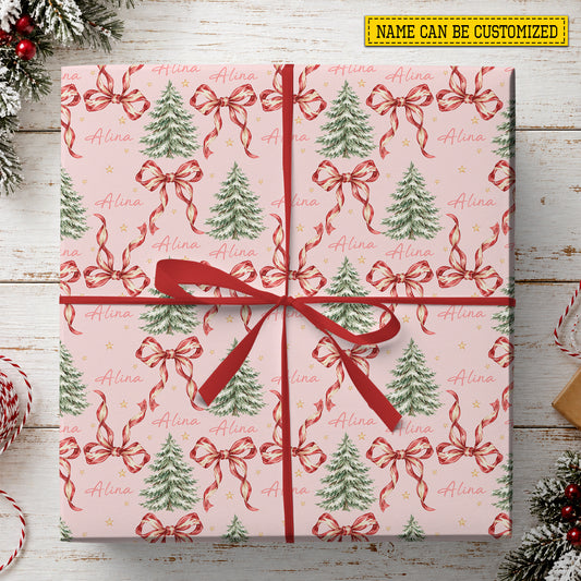 Vintage Personalized Christmas Bows Wrapping Paper, A Pretty Little Christmas Wrapping Paper Rolls, Xmas Gift Wrap