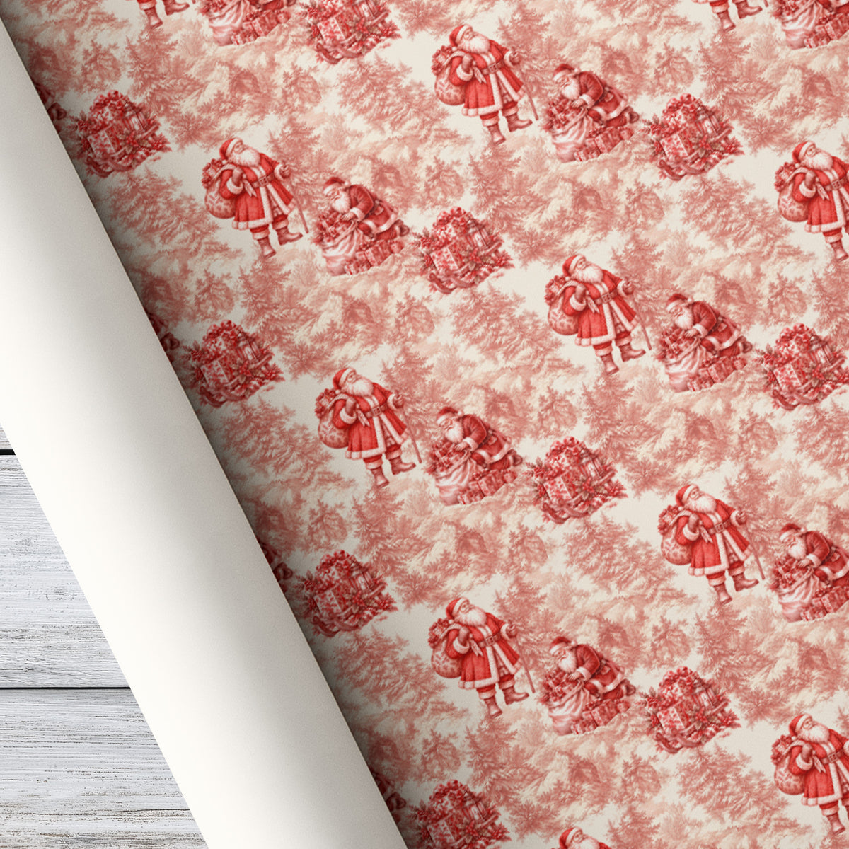 Vintage Christmas Santa Wrapping Paper, Red And Cream Toile Wrapping Paper Rolls, Xmas Gift Wrap