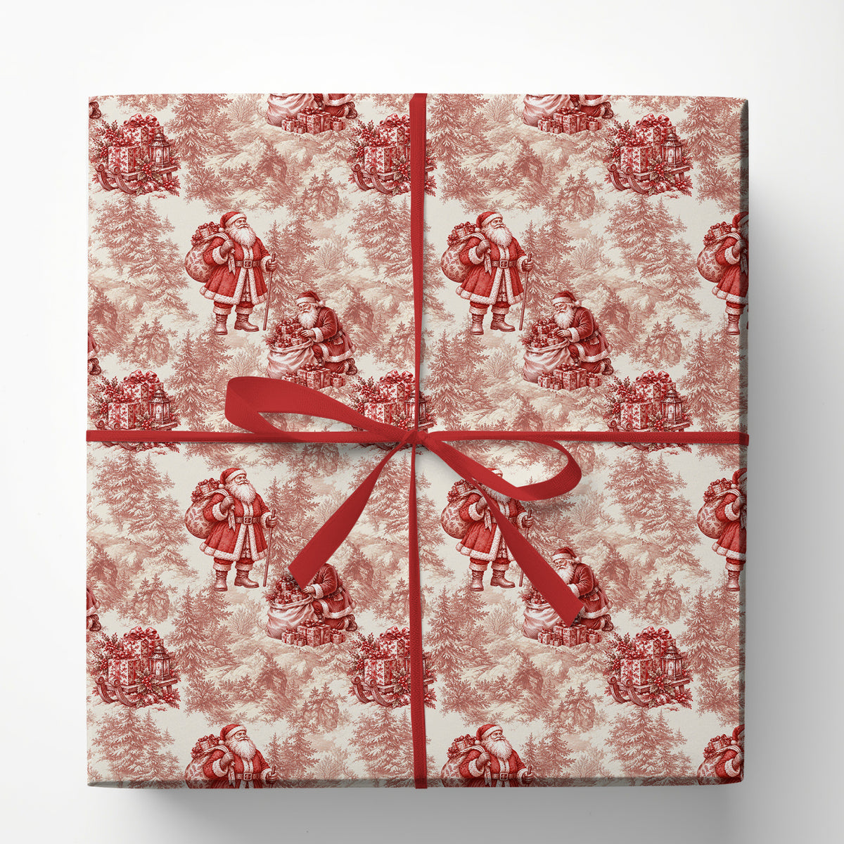 Vintage Christmas Santa Wrapping Paper, Red And Cream Toile Wrapping Paper Rolls, Xmas Gift Wrap