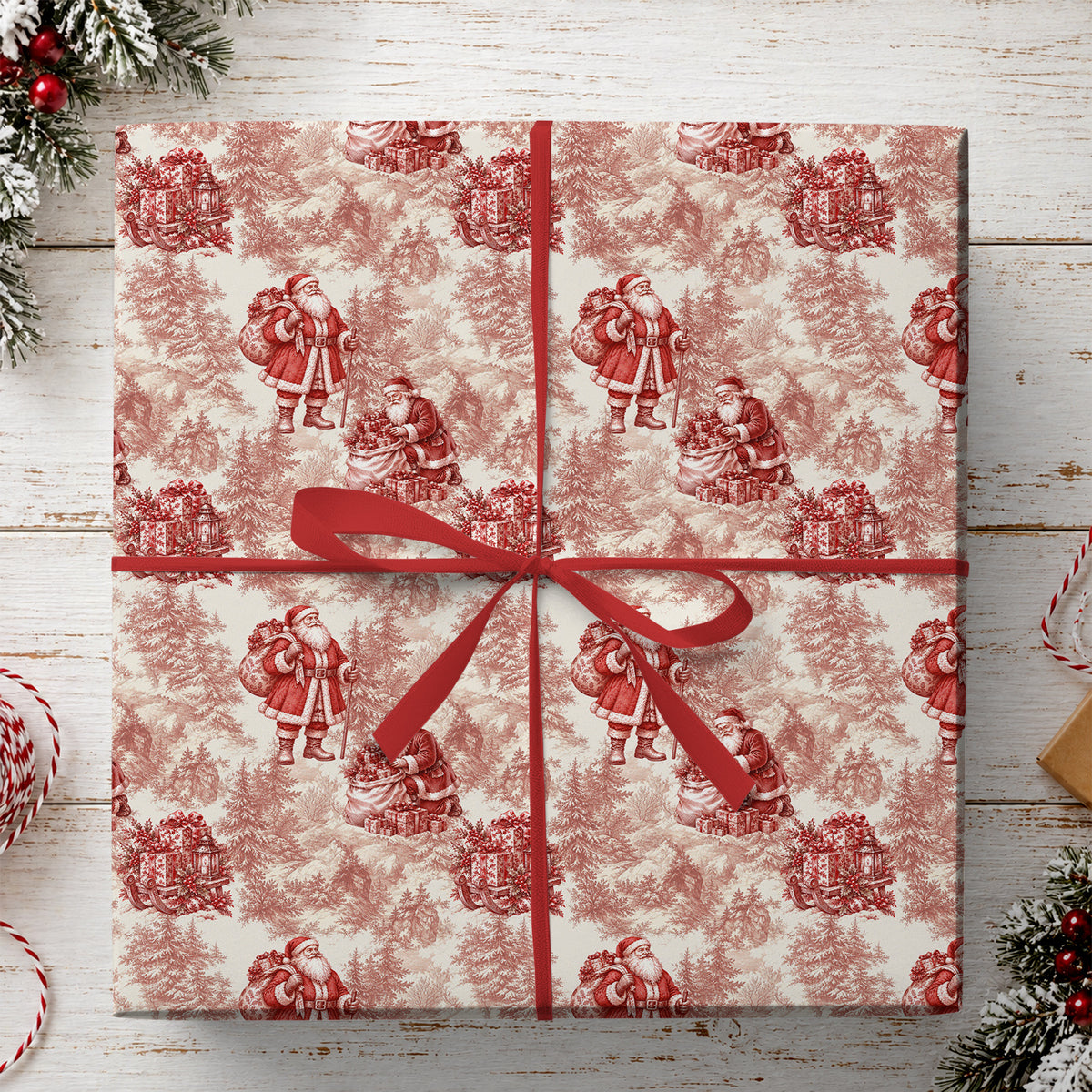 Vintage Christmas Santa Wrapping Paper, Red And Cream Toile Wrapping Paper Rolls, Xmas Gift Wrap