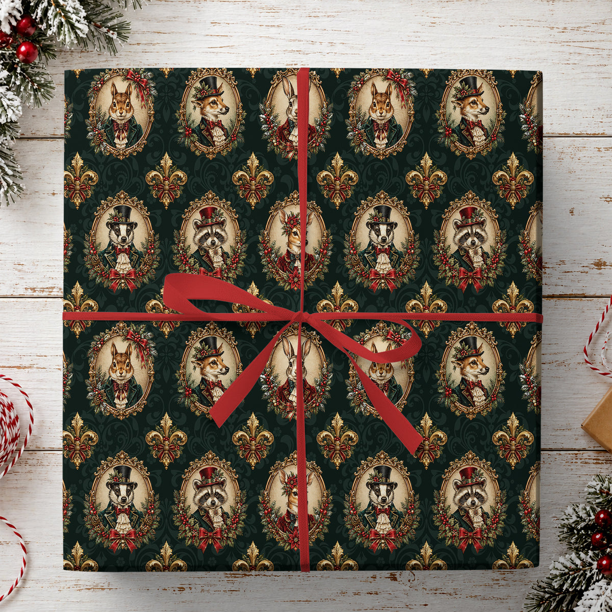 Christmas Victorian Woodland Animal Wrapping Paper, Animal Portraits In Gold Frames Wrapping Paper Rolls, Xmas Gift Wrap