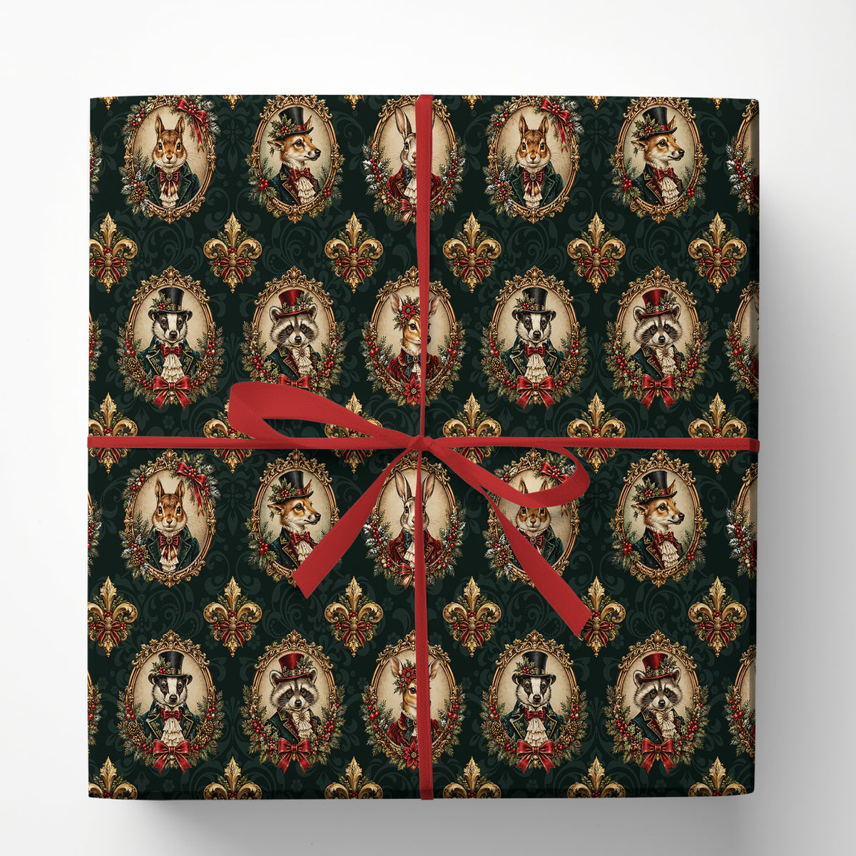 Christmas Victorian Woodland Animal Wrapping Paper, Animal Portraits In Gold Frames Wrapping Paper Rolls, Xmas Gift Wrap