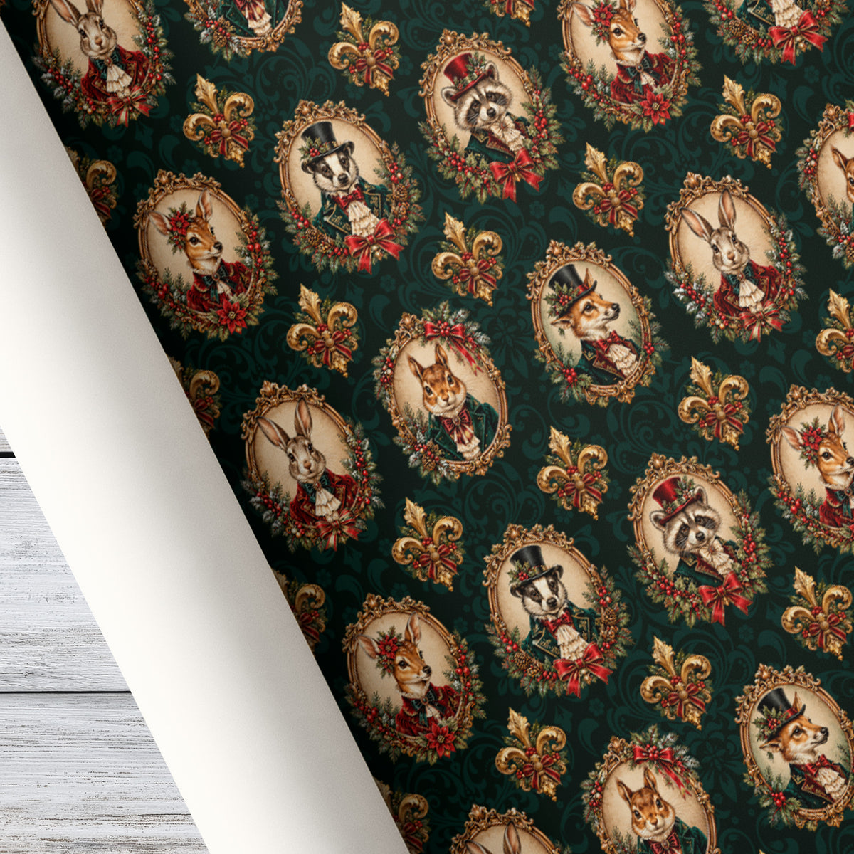 Christmas Victorian Woodland Animal Wrapping Paper, Animal Portraits In Gold Frames Wrapping Paper Rolls, Xmas Gift Wrap