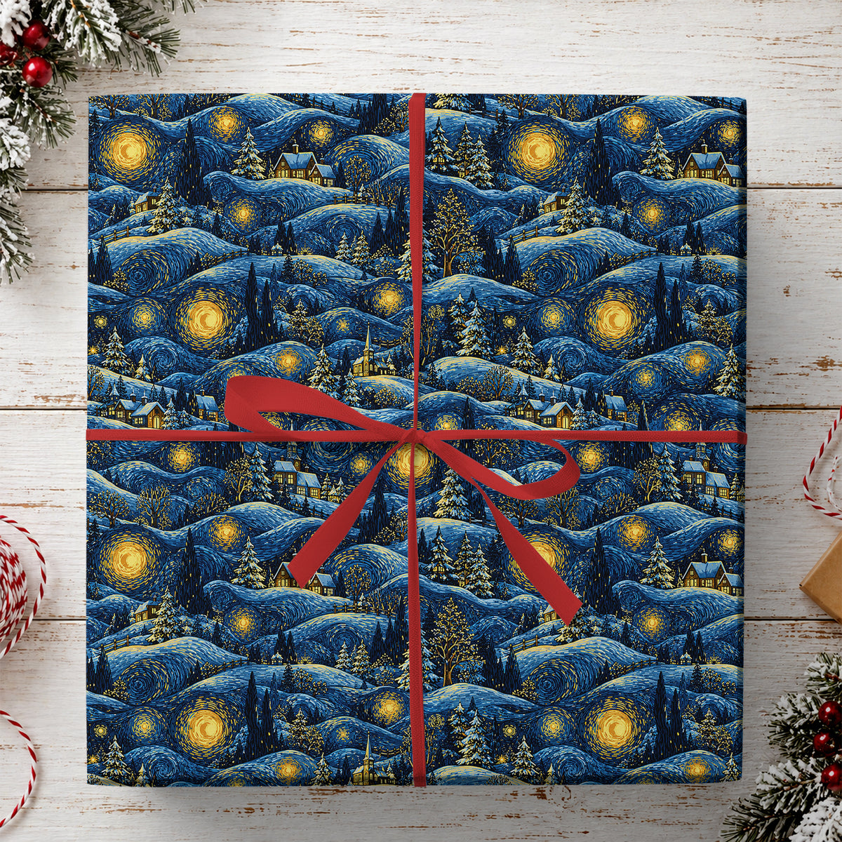 Christmas Starry Night Wrapping Paper, Van Gogh Inspired Snowy Winter Village Wrapping Paper Rolls, Xmas Gift Wrap