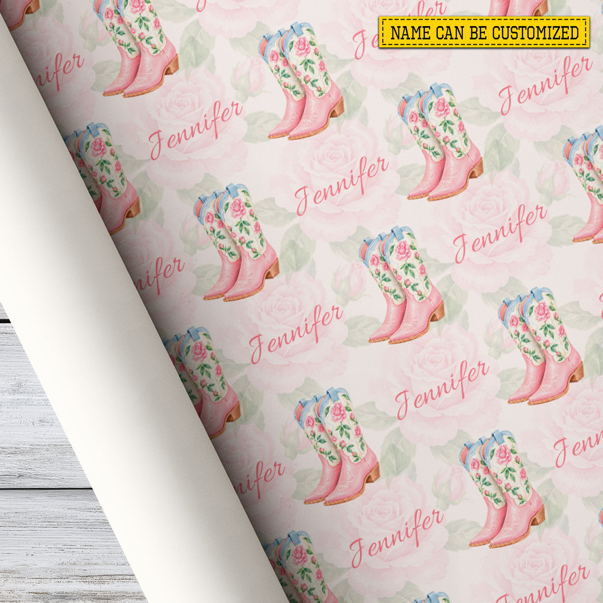 Personalized Cowgirl Boots Wrapping Paper, Pink Boots And Roses Western Wrapping Paper Rolls, Gift Wrap For Cowgirls