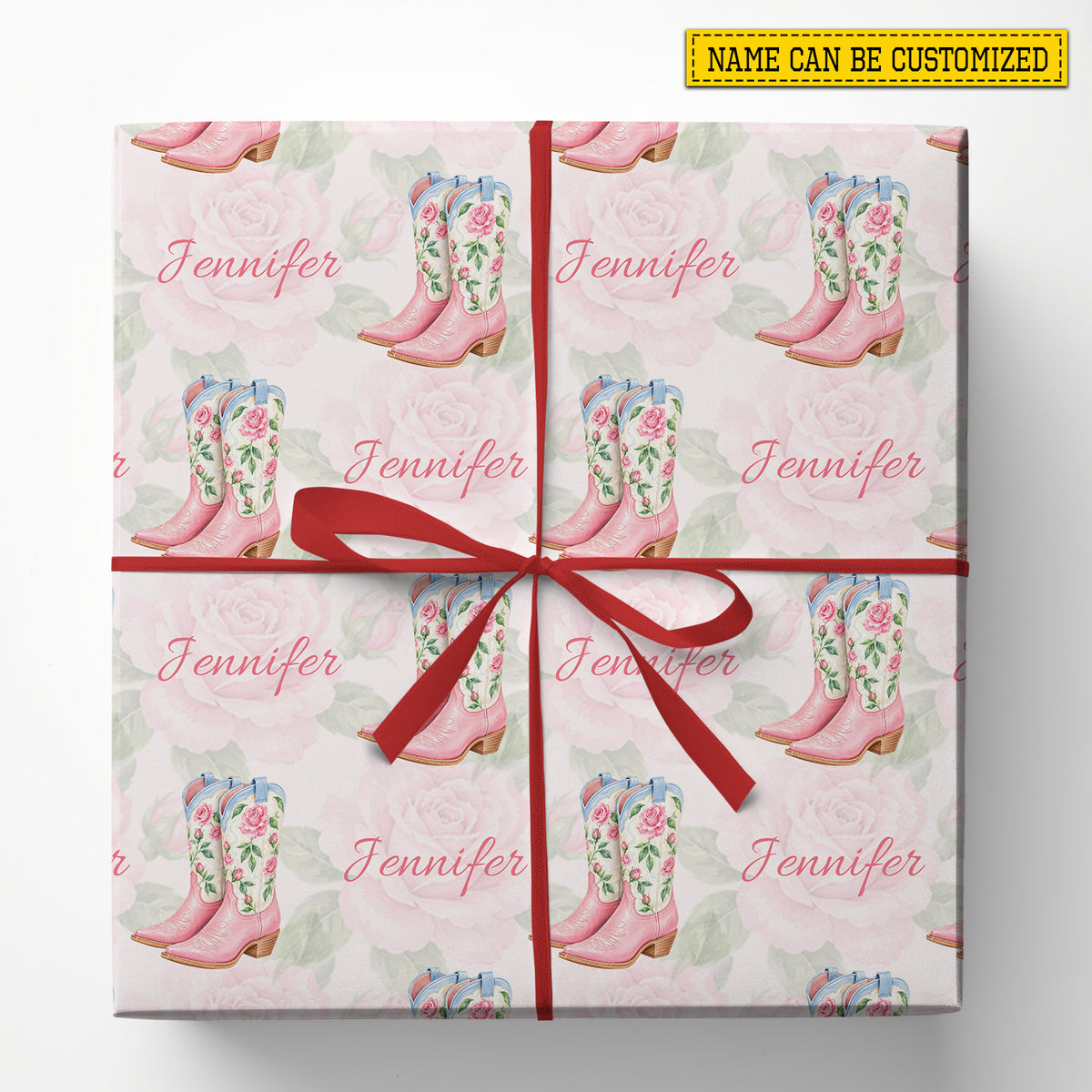 Personalized Cowgirl Boots Wrapping Paper, Pink Boots And Roses Western Wrapping Paper Rolls, Gift Wrap For Cowgirls