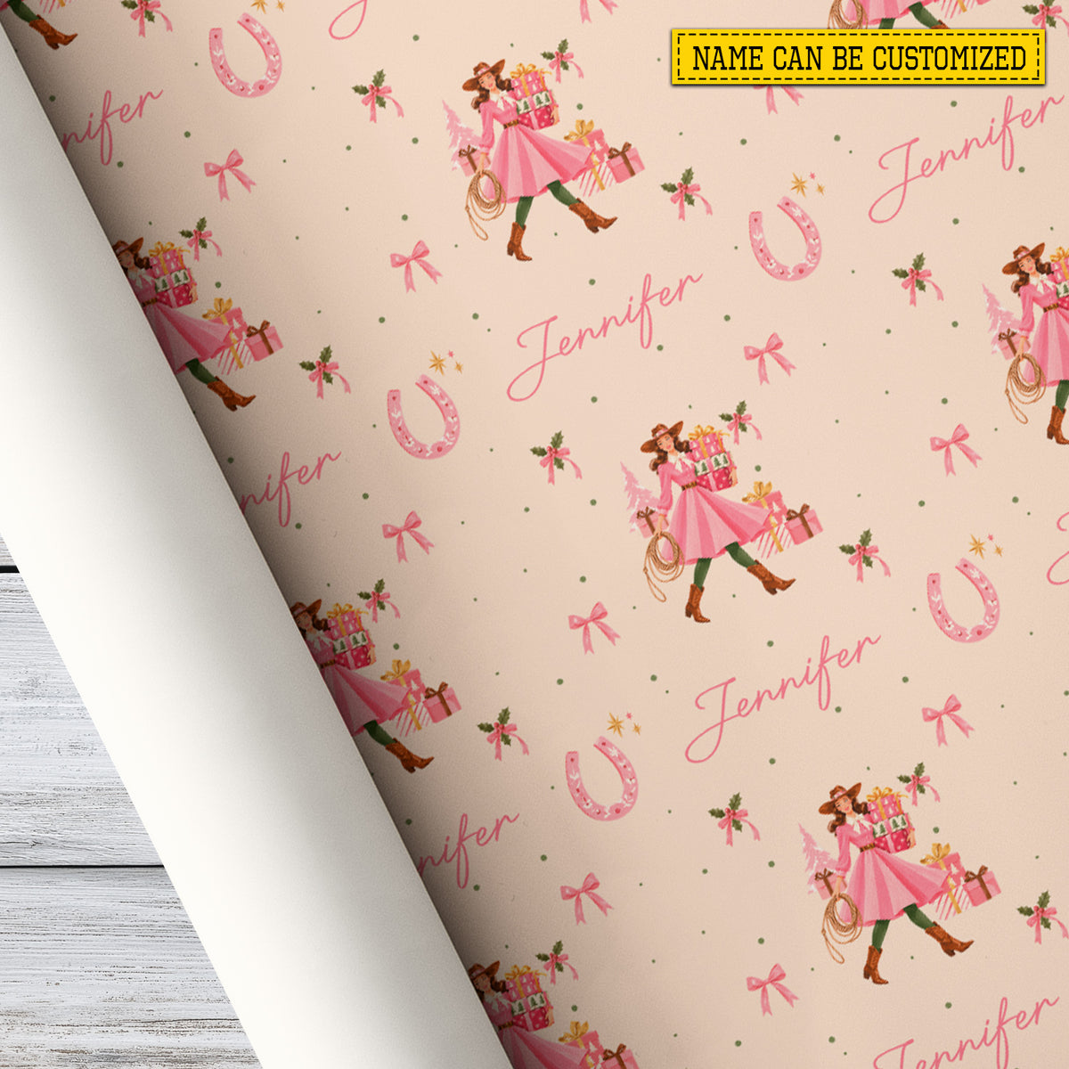 Personalized Christmas Cowgirl Wrapping Paper, Pink Cowgirl With Presents Wrapping Paper Rolls, Xmas Gift Wrap For Cowgirls