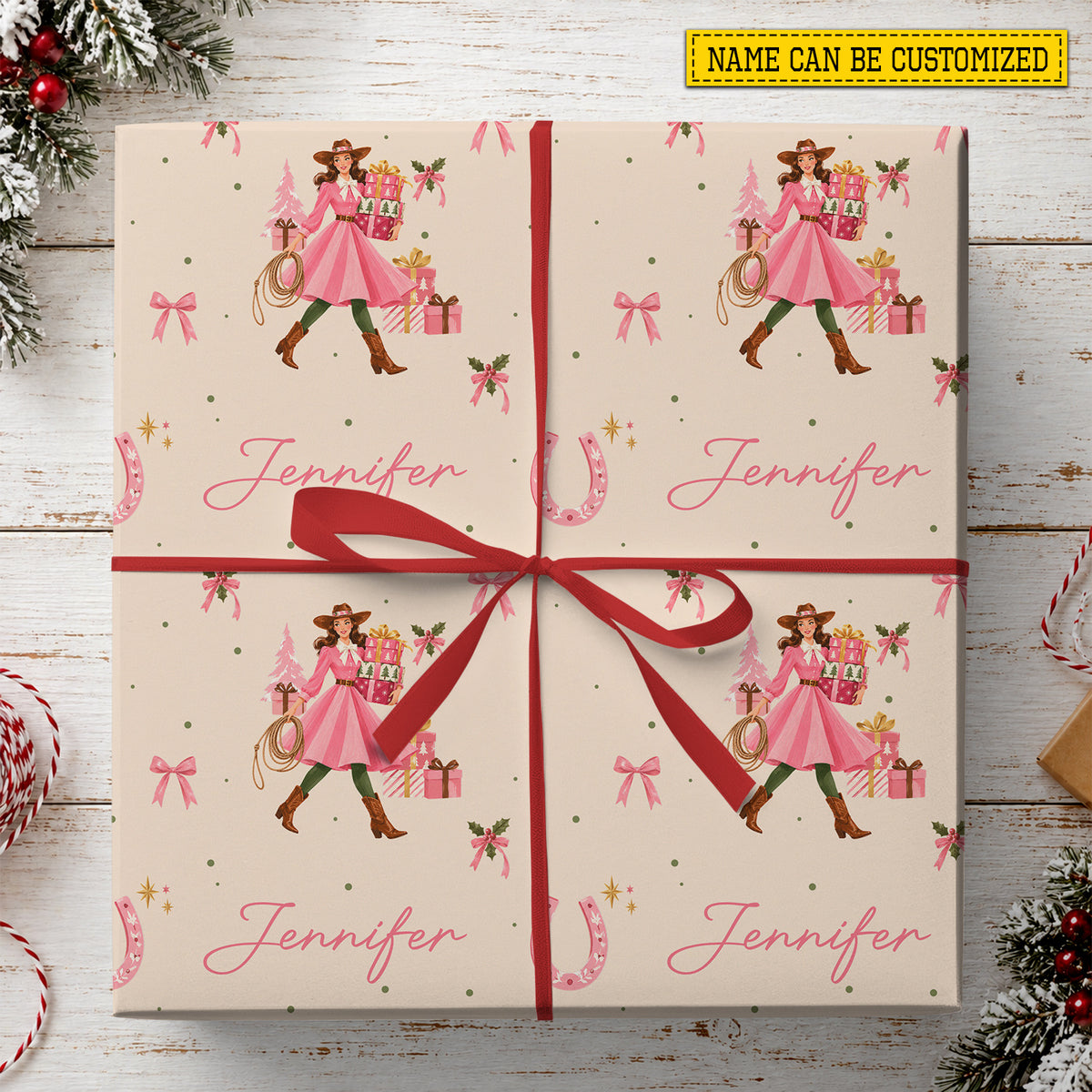 Personalized Christmas Cowgirl Wrapping Paper, Pink Cowgirl With Presents Wrapping Paper Rolls, Xmas Gift Wrap For Cowgirls