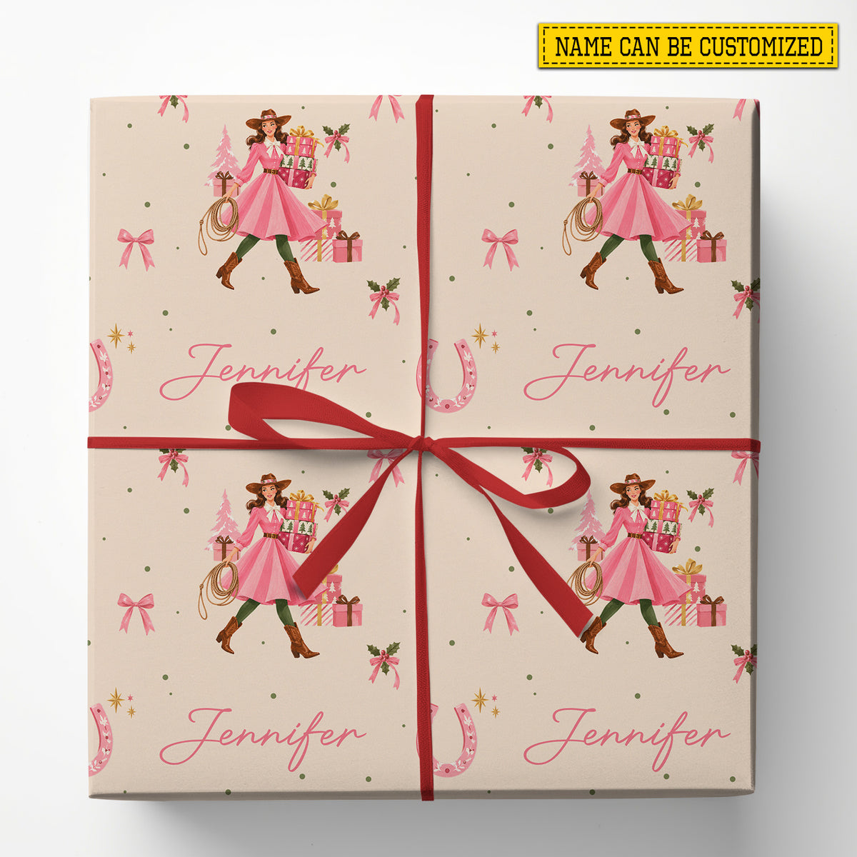 Personalized Christmas Cowgirl Wrapping Paper, Pink Cowgirl With Presents Wrapping Paper Rolls, Xmas Gift Wrap For Cowgirls