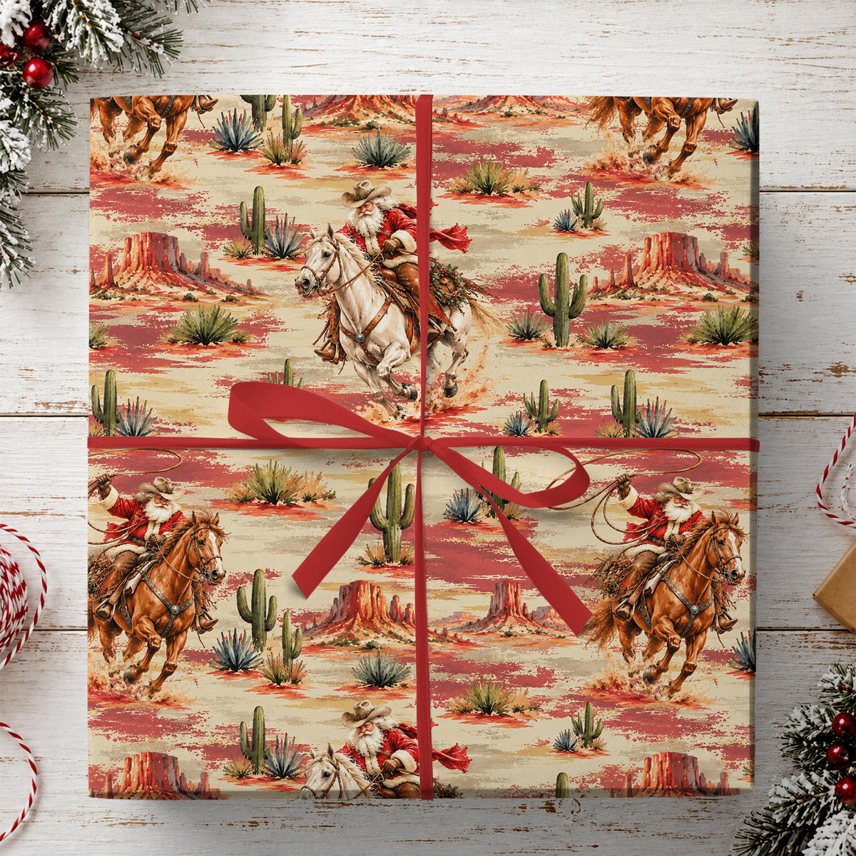 Vintage Christmas Western Cowboy Wrapping Paper, Cowboy Santa On Horseback Wrapping Paper Rolls, Xmas Gift Wrap For Cowboys