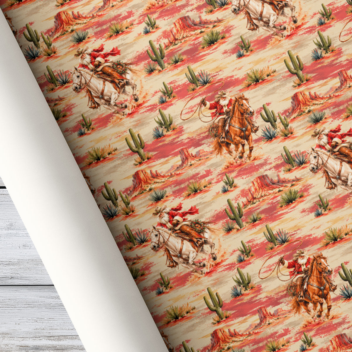Vintage Christmas Western Cowboy Wrapping Paper, Cowboy Santa On Horseback Wrapping Paper Rolls, Xmas Gift Wrap For Cowboys