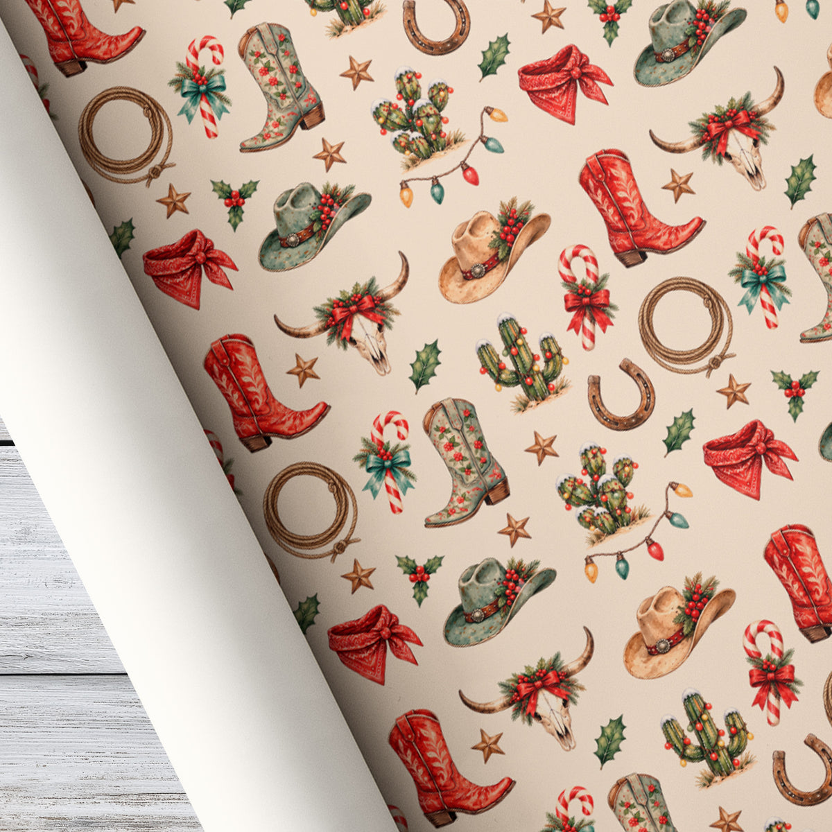 Vintage Christmas Cowboy Rodeo Wrapping Paper, Western Hats And Festive Cactus Wrapping Paper Rolls, Xmas Gift Wrap For Cowboys