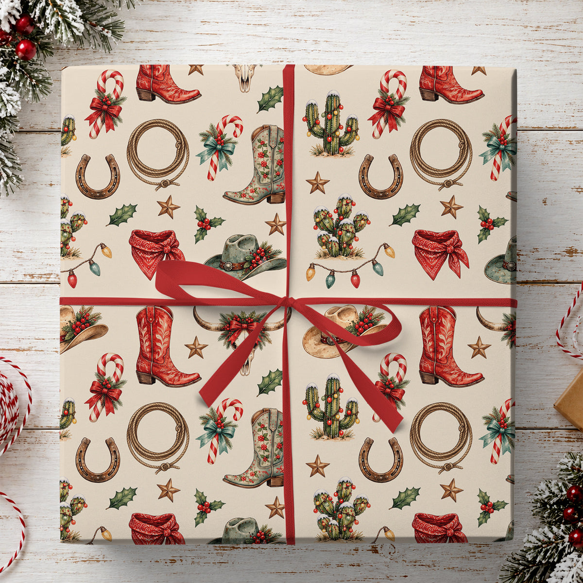 Vintage Christmas Cowboy Rodeo Wrapping Paper, Western Hats And Festive Cactus Wrapping Paper Rolls, Xmas Gift Wrap For Cowboys