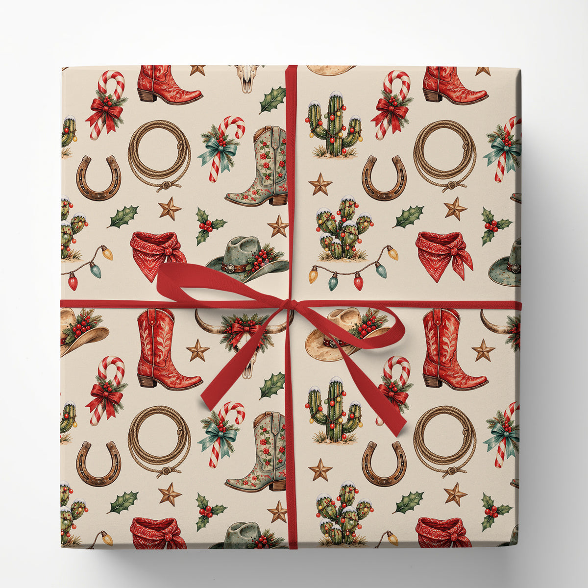 Vintage Christmas Cowboy Rodeo Wrapping Paper, Western Hats And Festive Cactus Wrapping Paper Rolls, Xmas Gift Wrap For Cowboys