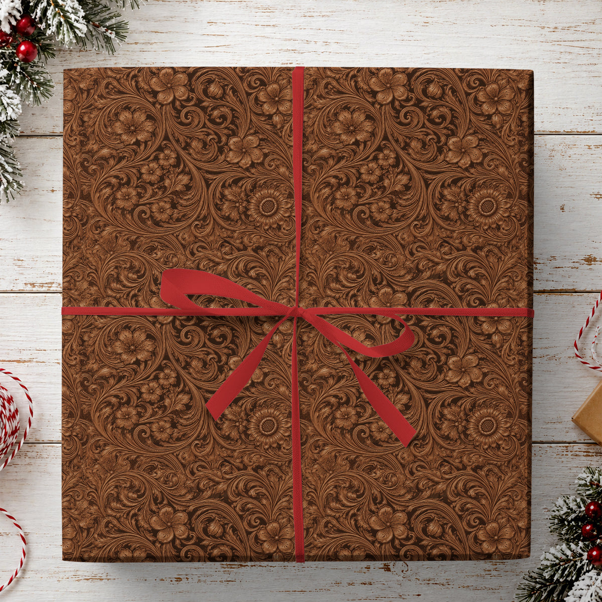 Western Tooled Leather Wrapping Paper, Brown Floral Embossed Leather Pattern Wrapping Paper Rolls, Gift Wrap For Cowboys & Cowgirls