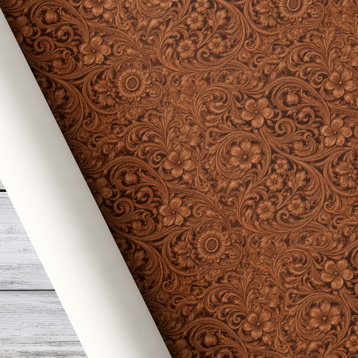 Western Tooled Leather Wrapping Paper, Brown Floral Embossed Leather Pattern Wrapping Paper Rolls, Gift Wrap For Cowboys & Cowgirls