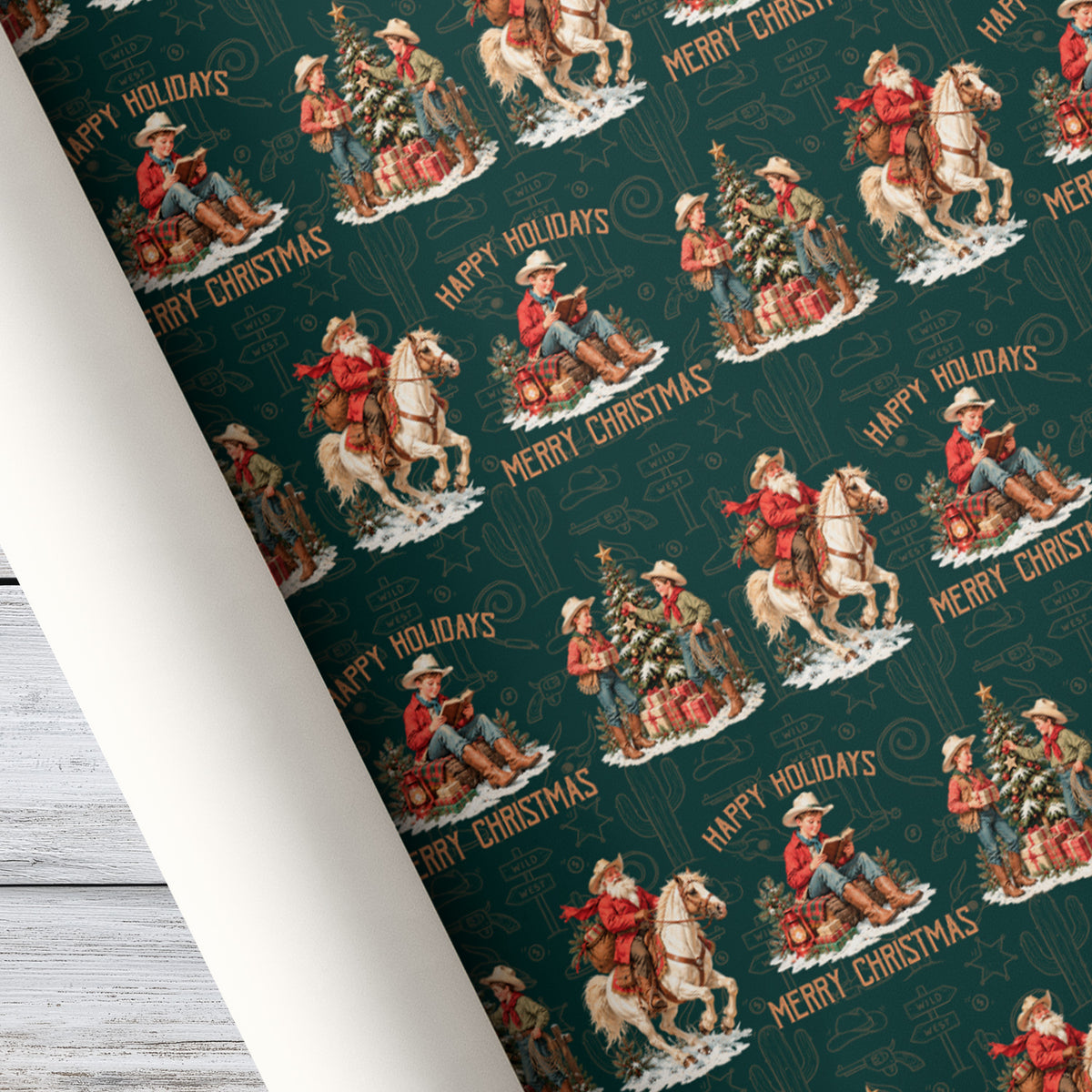 Vintage Christmas Western Cowboy Wrapping Paper, Cowboy Santa On Horseback Holiday Wrapping Paper Rolls, Xmas Gift Wrap Cowboys