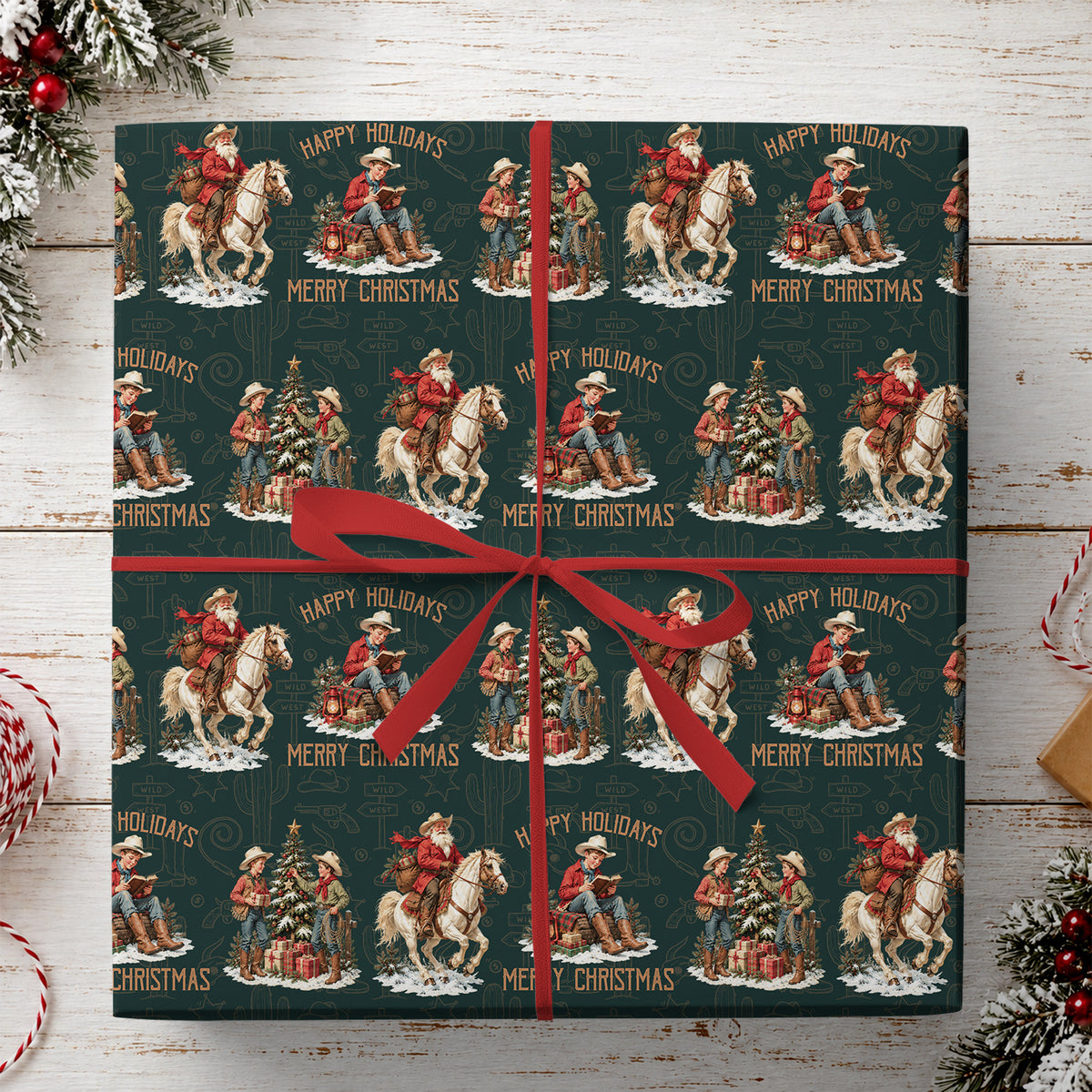 Vintage Christmas Western Cowboy Wrapping Paper, Cowboy Santa On Horseback Holiday Wrapping Paper Rolls, Xmas Gift Wrap Cowboys