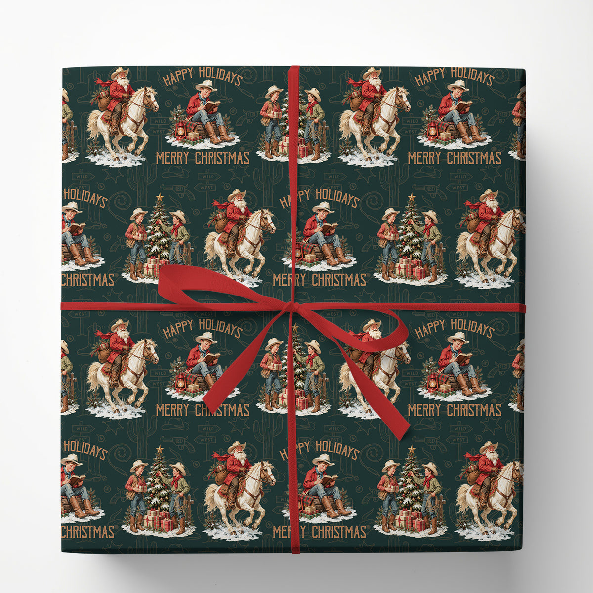 Vintage Christmas Western Cowboy Wrapping Paper, Cowboy Santa On Horseback Holiday Wrapping Paper Rolls, Xmas Gift Wrap Cowboys