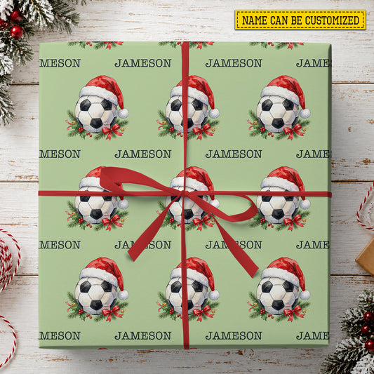Personalized Christmas Soccer Wrapping Paper, Soccer Ball With Santa Hat Wrapping Paper Rolls, Xmas Gift Wrap For Soccer Lover