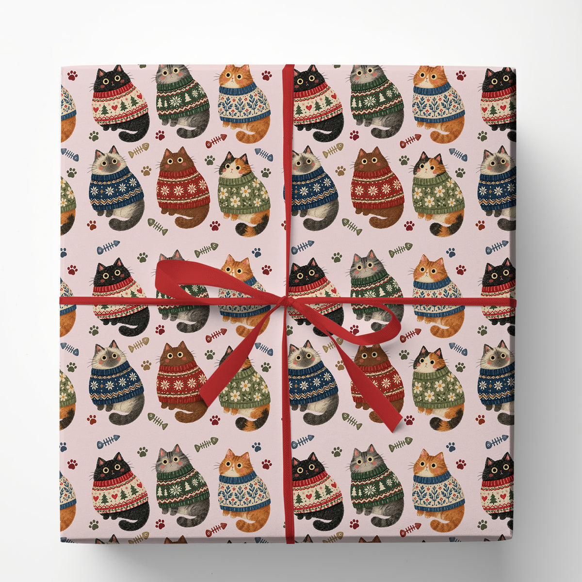 Cute Christmas Cat Wrapping Paper, Cats In Festive Sweaters Wrapping Paper Rolls, Xmas Gift Wrap For Cat Lover