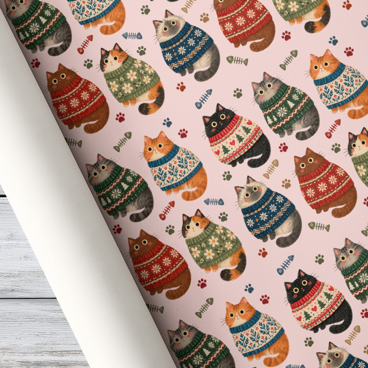 Cute Christmas Cat Wrapping Paper, Cats In Festive Sweaters Wrapping Paper Rolls, Xmas Gift Wrap For Cat Lover