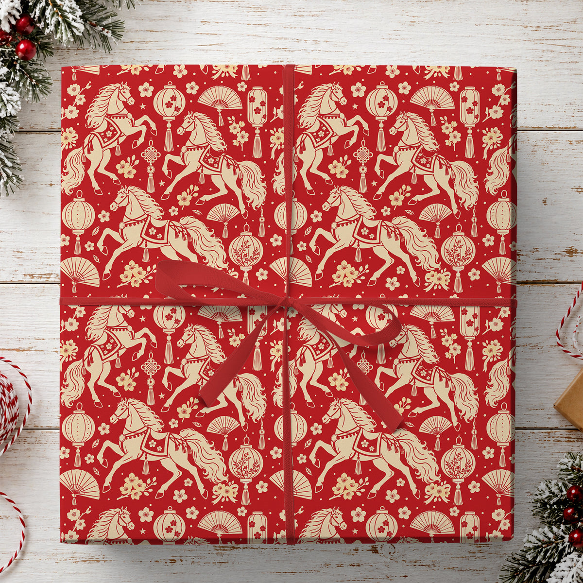Year Of The Horse Wrapping Paper, Red And Cream Lunar New Year Wrapping Paper Rolls, Gift Wrap For Horse Lover
