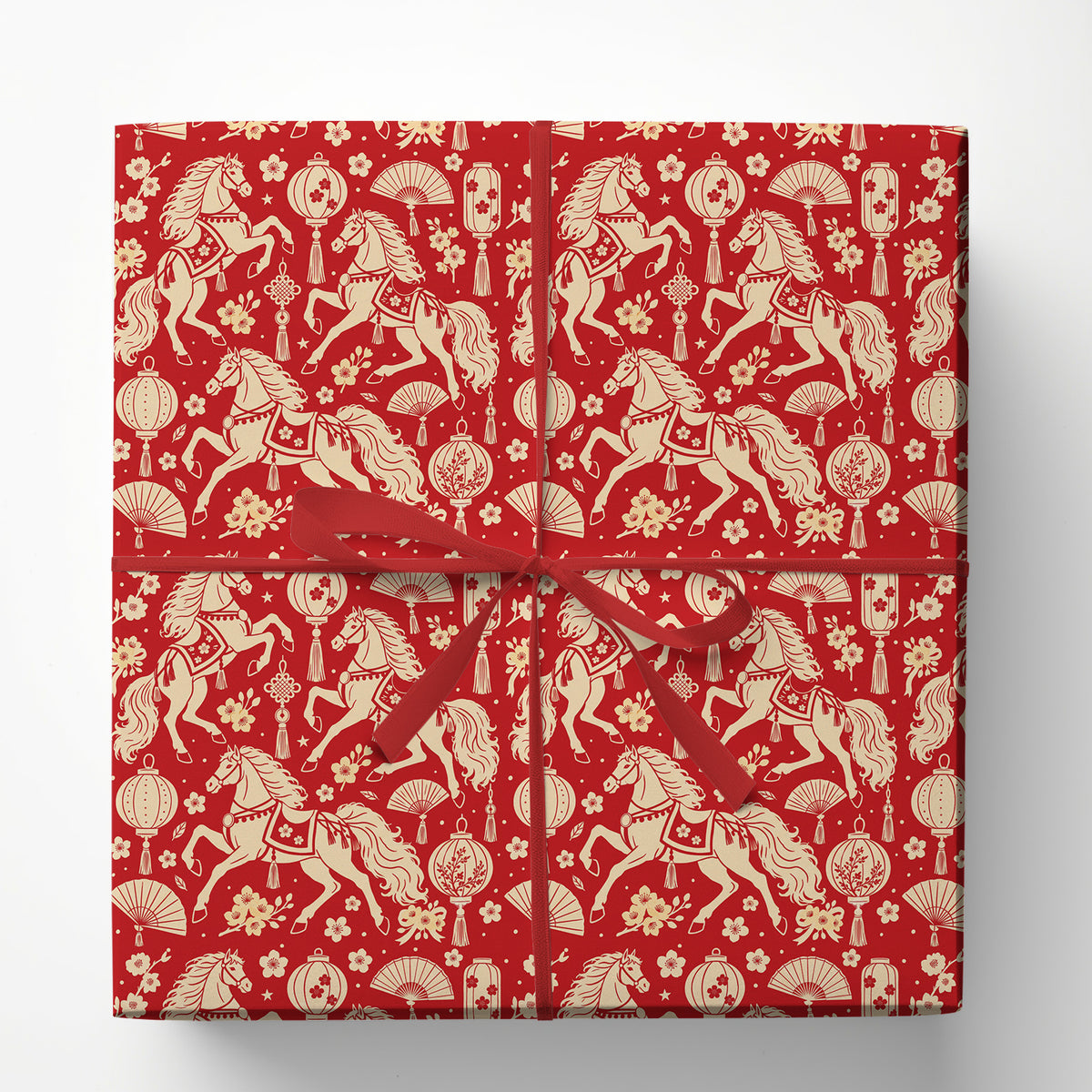 Year Of The Horse Wrapping Paper, Red And Cream Lunar New Year Wrapping Paper Rolls, Gift Wrap For Horse Lover