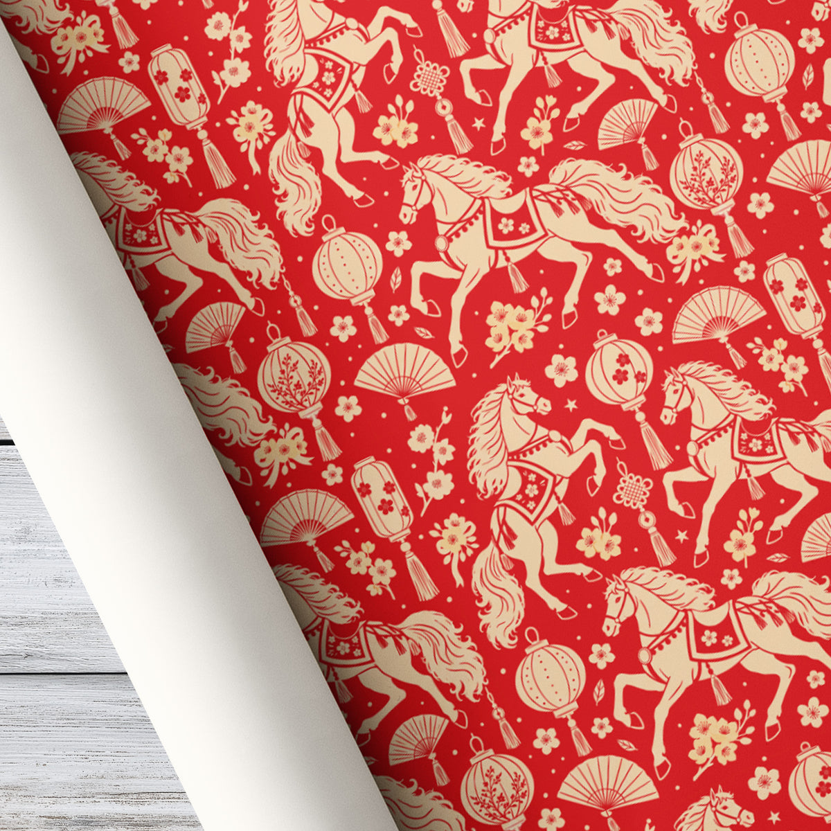 Year Of The Horse Wrapping Paper, Red And Cream Lunar New Year Wrapping Paper Rolls, Gift Wrap For Horse Lover