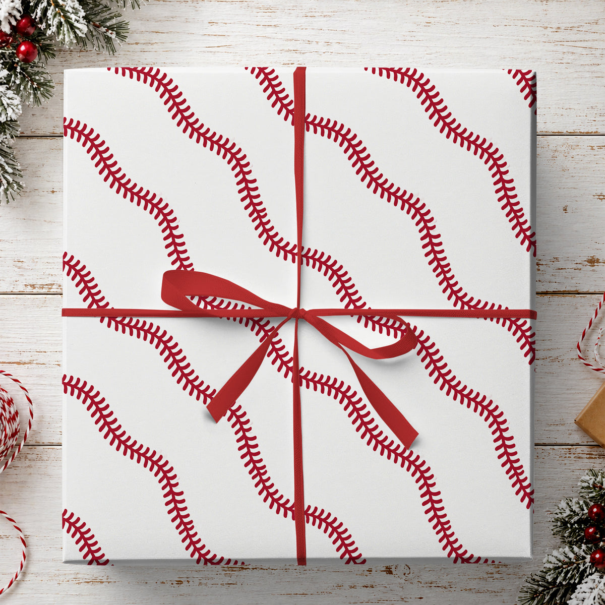 Baseball Stitch Wrapping Paper, Red And White Sports Wrapping Paper Rolls, Gift Wrap For Baseball Lover