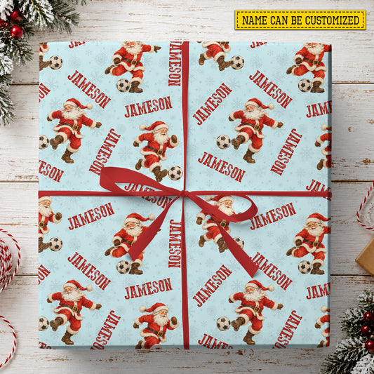 Personalized Christmas Soccer Wrapping Paper, Santa Claus Playing Soccer Pattern Wrapping Paper Rolls, Xmas Gift Wrap For Soccer Lover