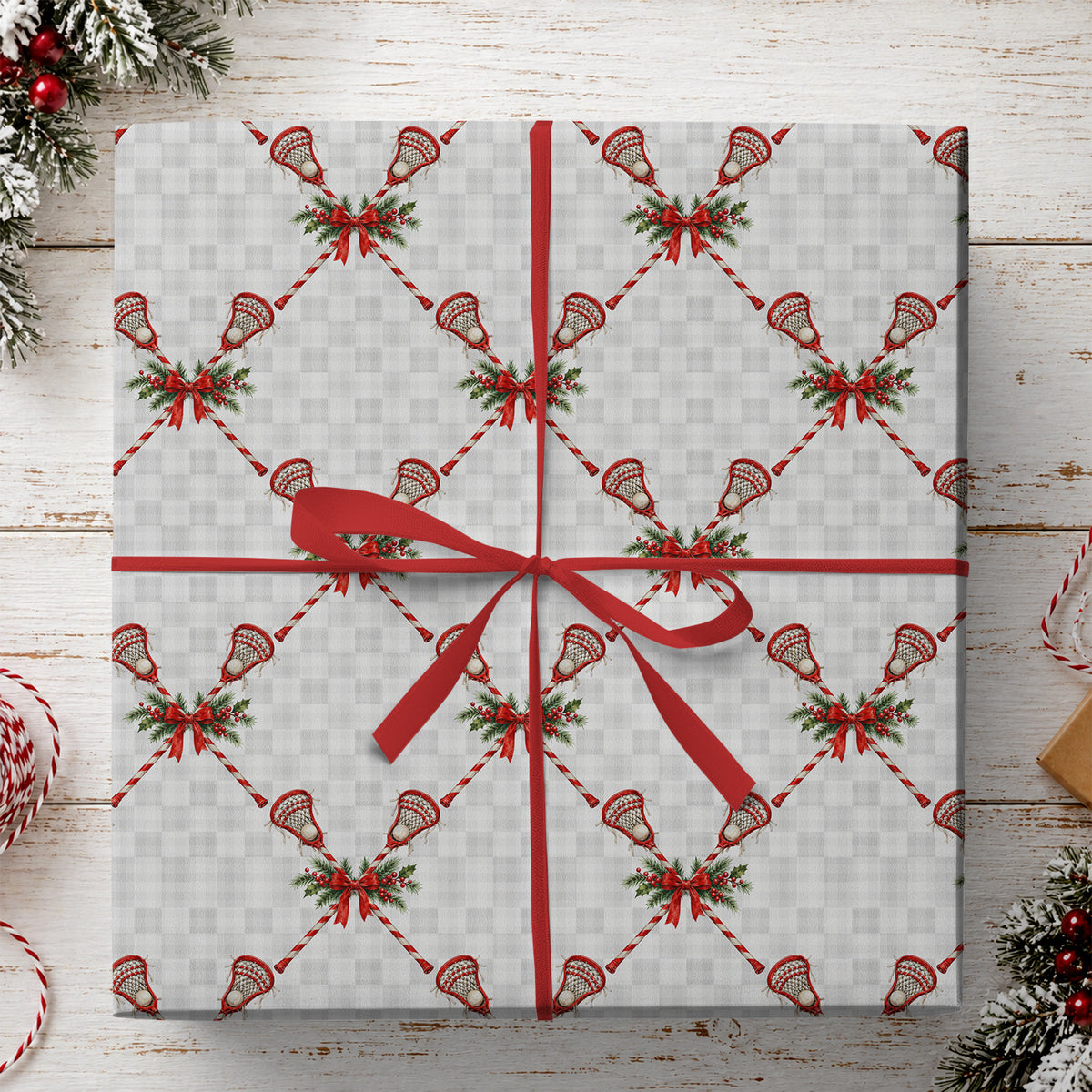 Christmas Lacrosse Wrapping Paper, Lacrosse Sticks And Red Bows Wrapping Paper Rolls, Xmas Gift Wrap For Lacrosse Lover