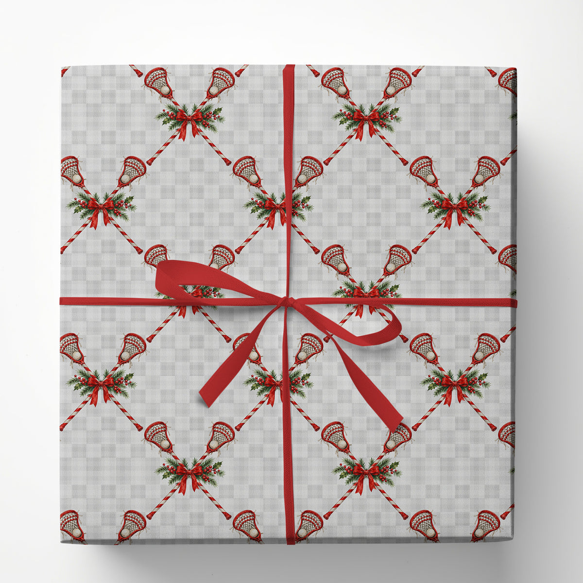 Christmas Lacrosse Wrapping Paper, Lacrosse Sticks And Red Bows Wrapping Paper Rolls, Xmas Gift Wrap For Lacrosse Lover