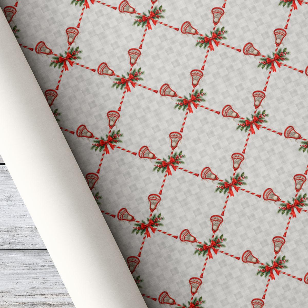 Christmas Lacrosse Wrapping Paper, Lacrosse Sticks And Red Bows Wrapping Paper Rolls, Xmas Gift Wrap For Lacrosse Lover