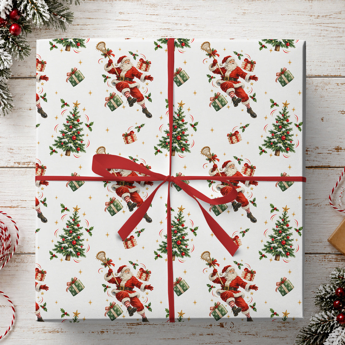 Funny Christmas Lacrosse Wrapping Paper, Santa Claus Playing Lacrosse Wrapping Paper Rolls, Xmas Gift Wrap For Lacrosse Lover