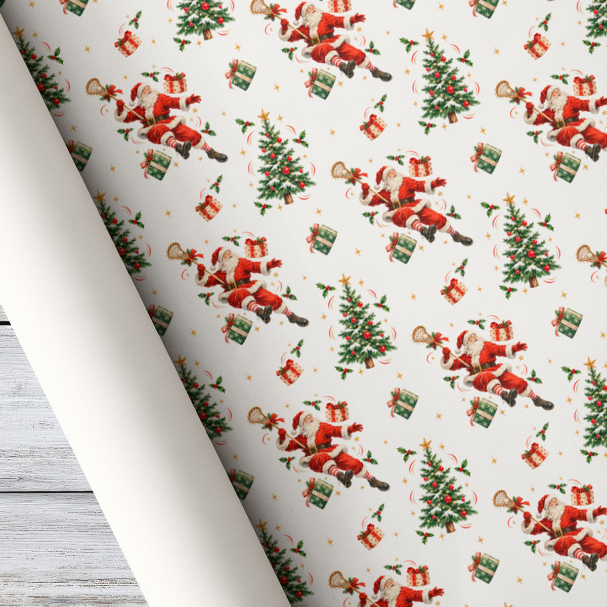 Funny Christmas Lacrosse Wrapping Paper, Santa Claus Playing Lacrosse Wrapping Paper Rolls, Xmas Gift Wrap For Lacrosse Lover
