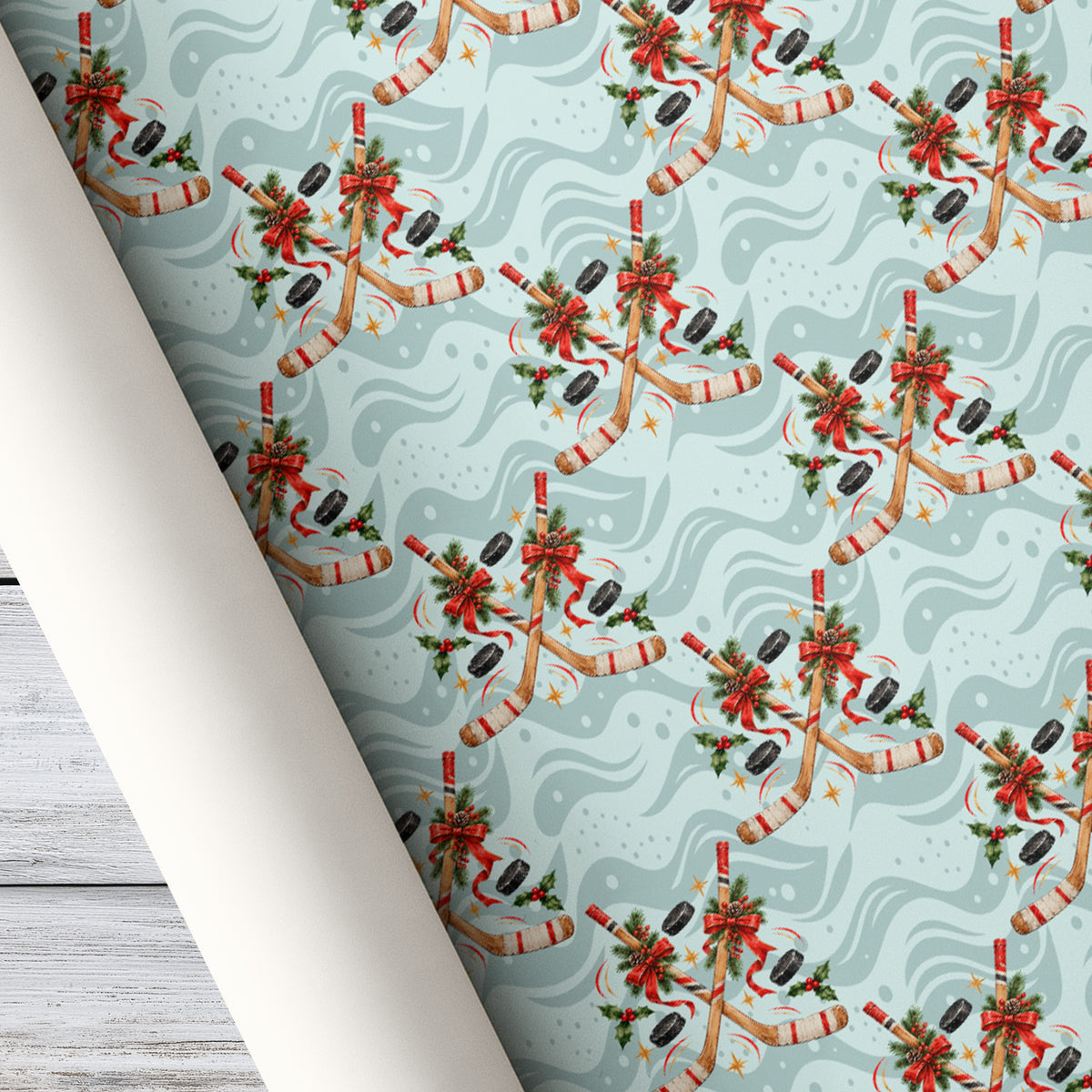Christmas Hockey Wrapping Paper, Ice Hockey Sticks And Pucks Wrapping Paper Rolls, Xmas Gift Wrap For Hockey Lover