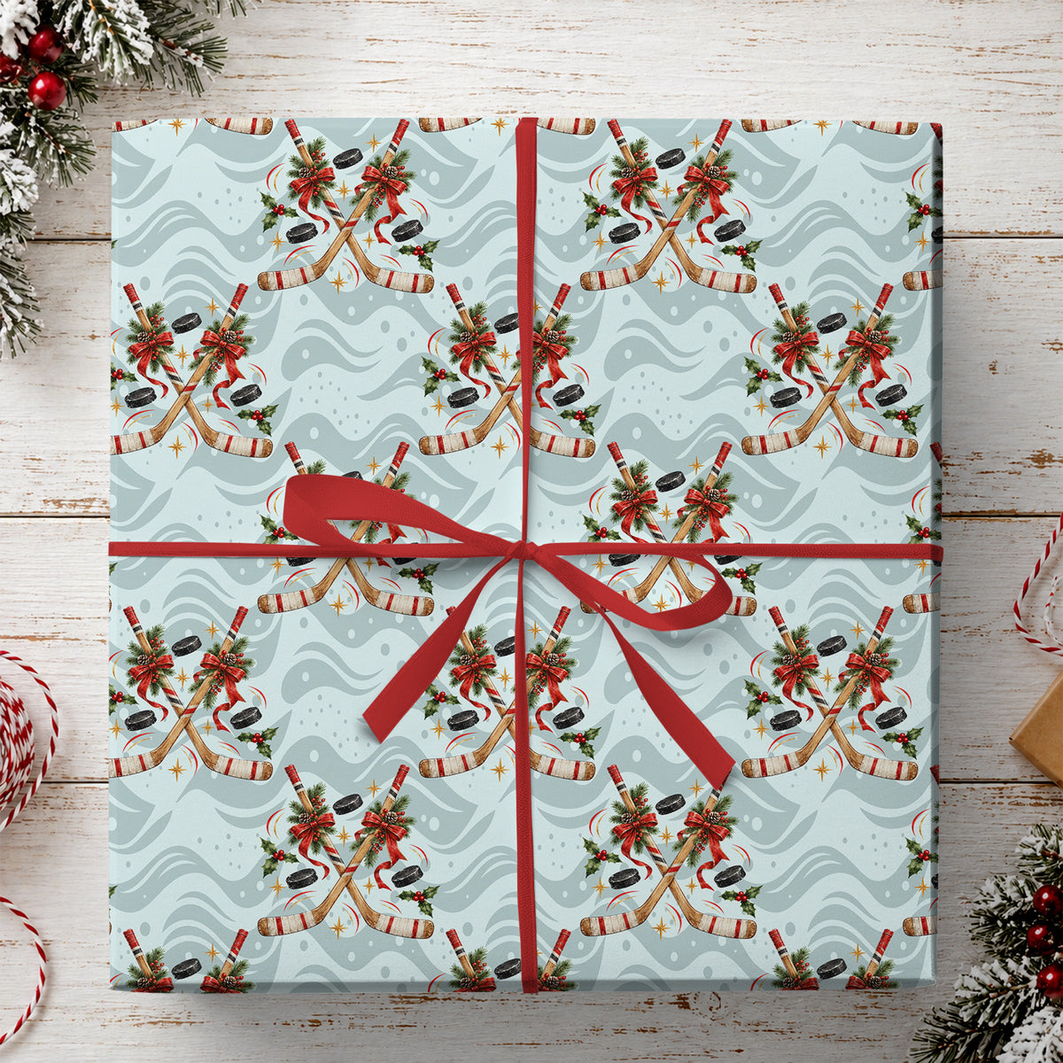 Christmas Hockey Wrapping Paper, Ice Hockey Sticks And Pucks Wrapping Paper Rolls, Xmas Gift Wrap For Hockey Lover