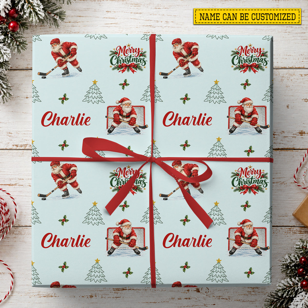 Personalized Christmas Hockey Wrapping Paper, Santa Ice Hockey Player And Goalie Wrapping Paper Rolls, Xmas Gift Wrap For Hockey Lover