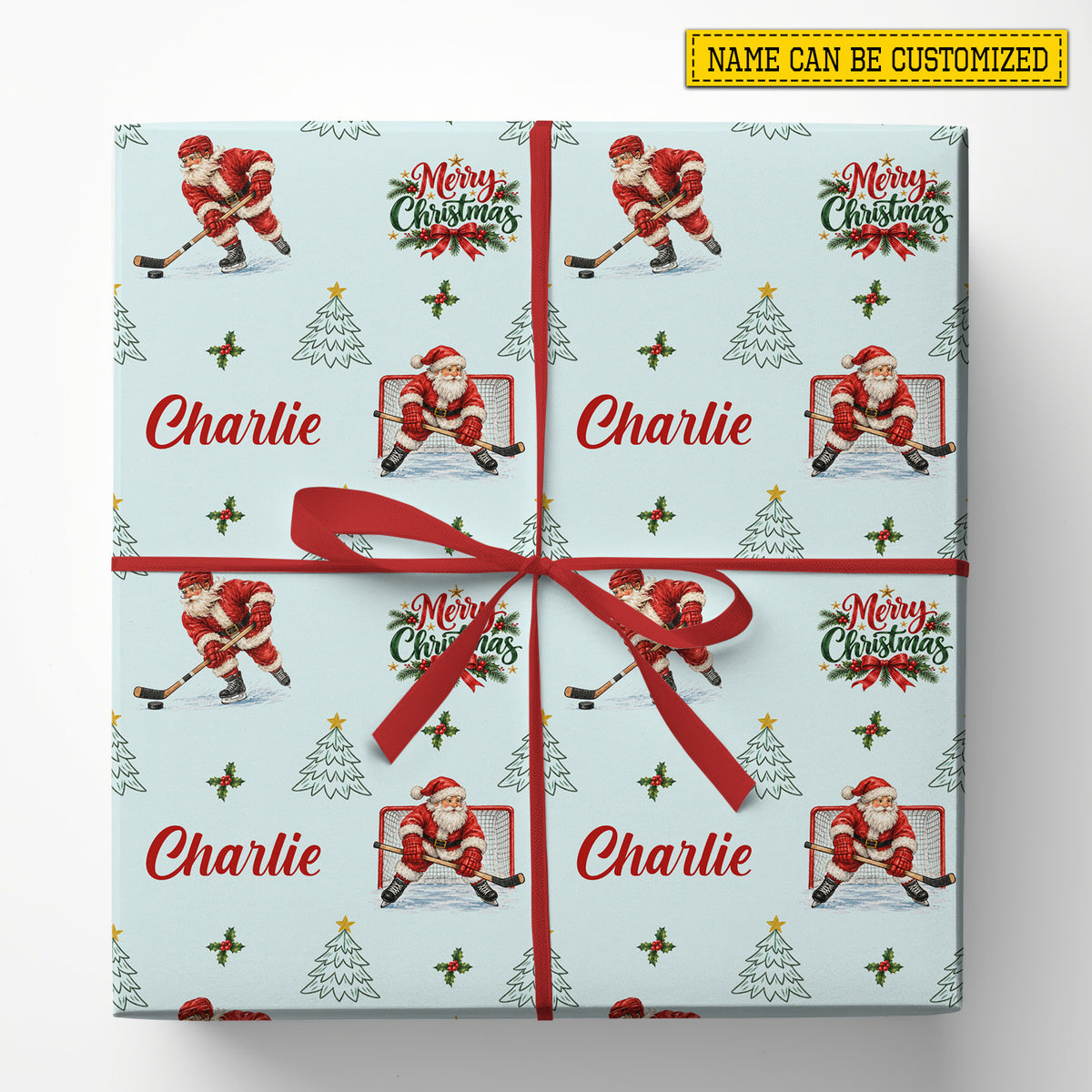 Personalized Christmas Hockey Wrapping Paper, Santa Ice Hockey Player And Goalie Wrapping Paper Rolls, Xmas Gift Wrap For Hockey Lover