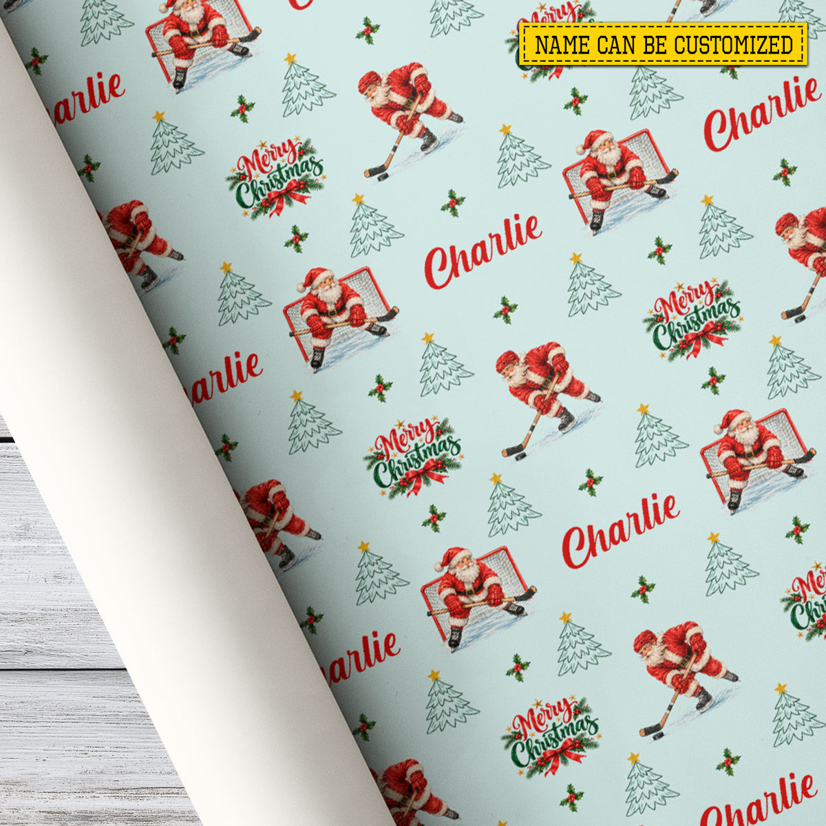 Personalized Christmas Hockey Wrapping Paper, Santa Ice Hockey Player And Goalie Wrapping Paper Rolls, Xmas Gift Wrap For Hockey Lover