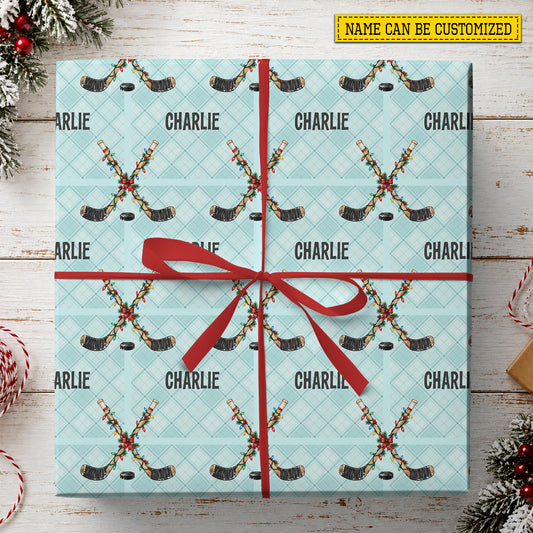Personalized Christmas Hockey Wrapping Paper, Hockey Sticks And Puck Wrapping Paper Rolls, Xmas Gift Wrap For Hockey Lover
