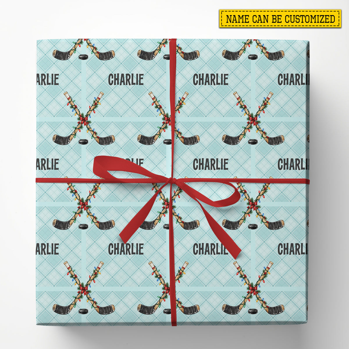 Personalized Christmas Hockey Wrapping Paper, Hockey Sticks And Puck Wrapping Paper Rolls, Xmas Gift Wrap For Hockey Lover