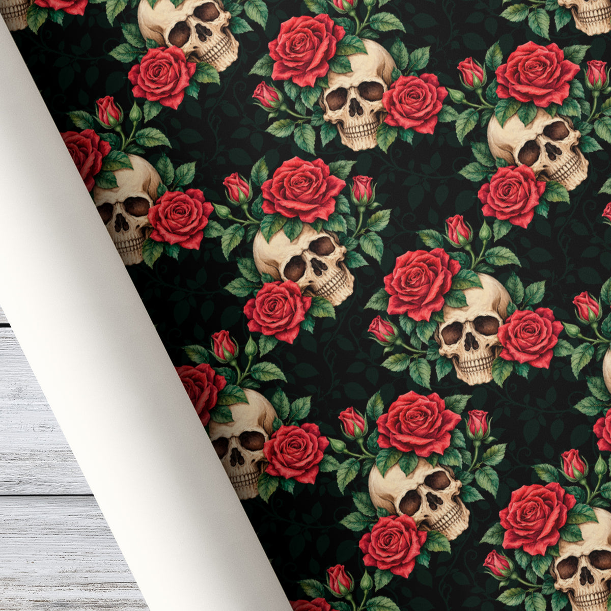 Gothic Skull & Roses Wrapping Paper, Dark Romance In Bloom Skull Wrapping Paper Rolls, Gift Wrap