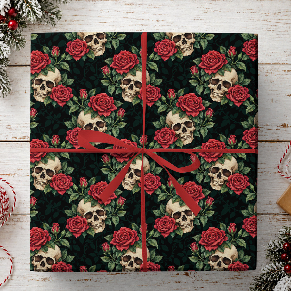Gothic Skull & Roses Wrapping Paper, Dark Romance In Bloom Skull Wrapping Paper Rolls, Gift Wrap