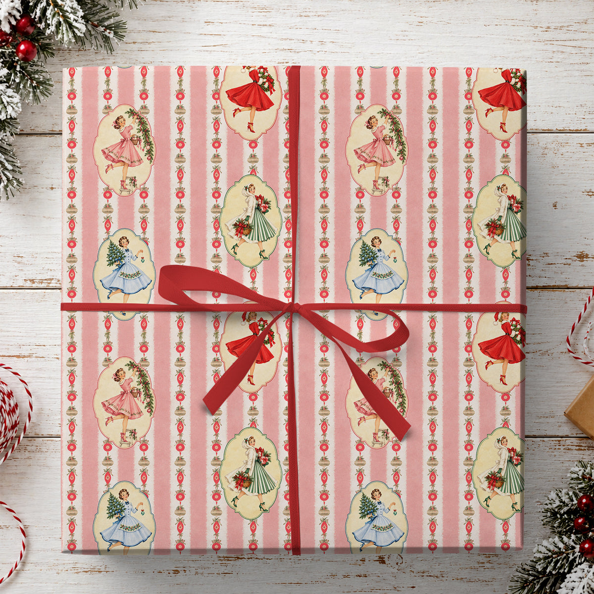 Vintage 1950s Christmas Wrapping Paper, Retro Holiday Ladies With Ornaments Wrapping Paper Rolls, Xmas Gift Wrap