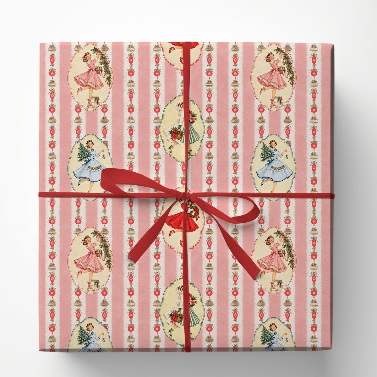 Vintage 1950s Christmas Wrapping Paper, Retro Holiday Ladies With Ornaments Wrapping Paper Rolls, Xmas Gift Wrap