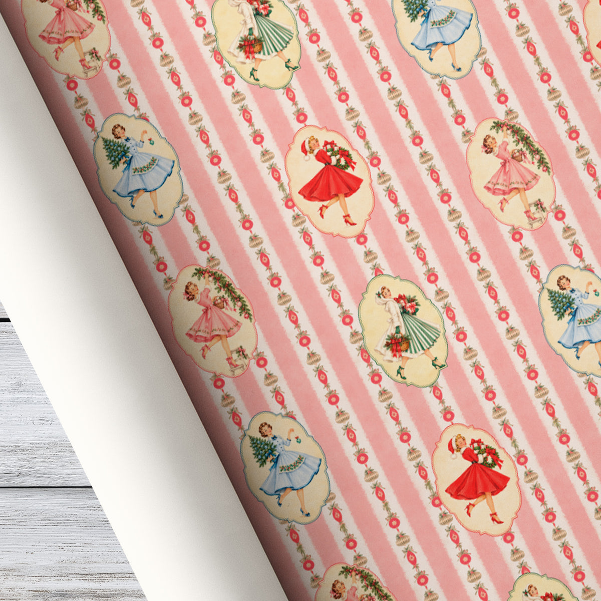 Vintage 1950s Christmas Wrapping Paper, Retro Holiday Ladies With Ornaments Wrapping Paper Rolls, Xmas Gift Wrap