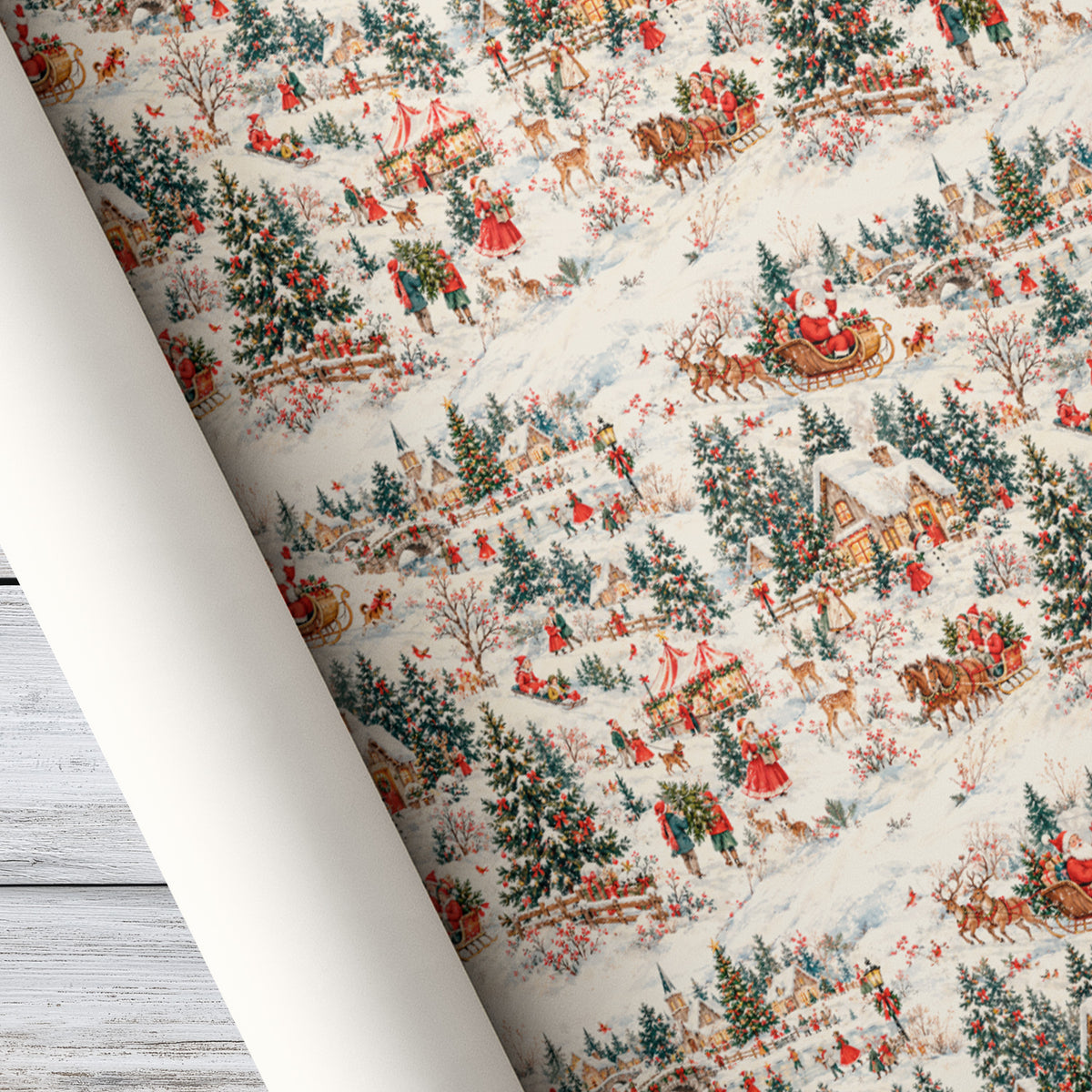Vintage Christmas Village Wrapping Paper, Santa Sleigh And Reindeer Wrapping Paper Rolls, Xmas Gift Wrap For Reindeer Lover