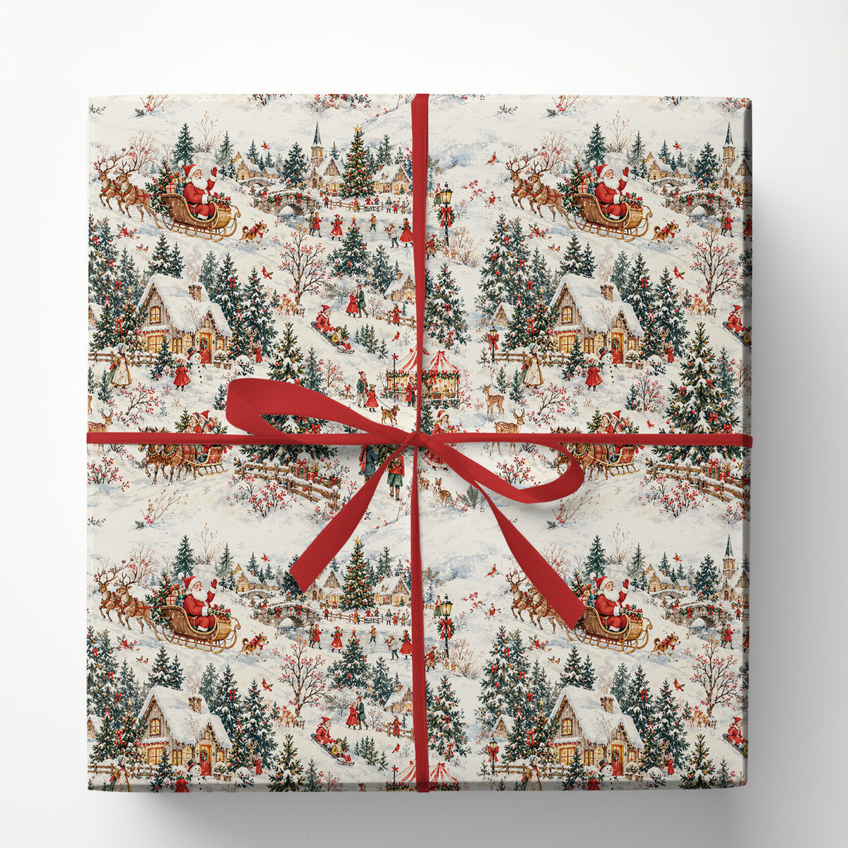 Vintage Christmas Village Wrapping Paper, Santa Sleigh And Reindeer Wrapping Paper Rolls, Xmas Gift Wrap For Reindeer Lover